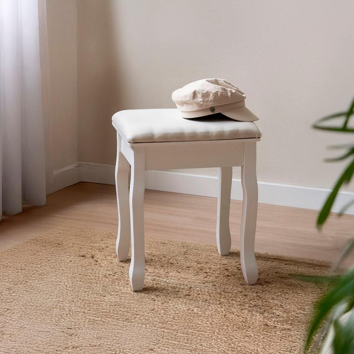 LOLAhome Banqueta de Tocador Blanca con Asiento Tapizado, Madera de Paulonia 50x30x39 cm, Estilo Clásico, Taburete para Dormitorio y Maquillaje