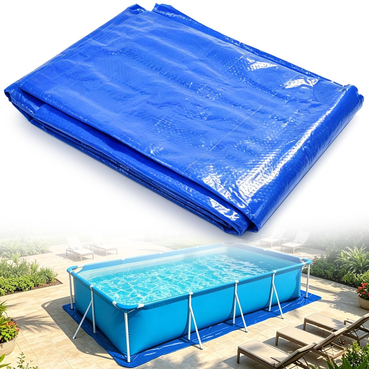 Vurixfo Pool Ground Cloth, 295x206cm Rectangular Pools Ground Cloths Waterproof Rectangular Pools Mat Foldable Swimming Pool Floor Protector for Frame Pools and Above Ground Swimming Pools, Blue