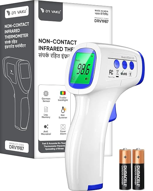 DR VAKU® Infrared Digital Thermometer Non-Contact Temperature Gun for Adults & Children Quick & Accurate Read Fever Detection LCD Display Memory Function [Battery Included– White & Blue