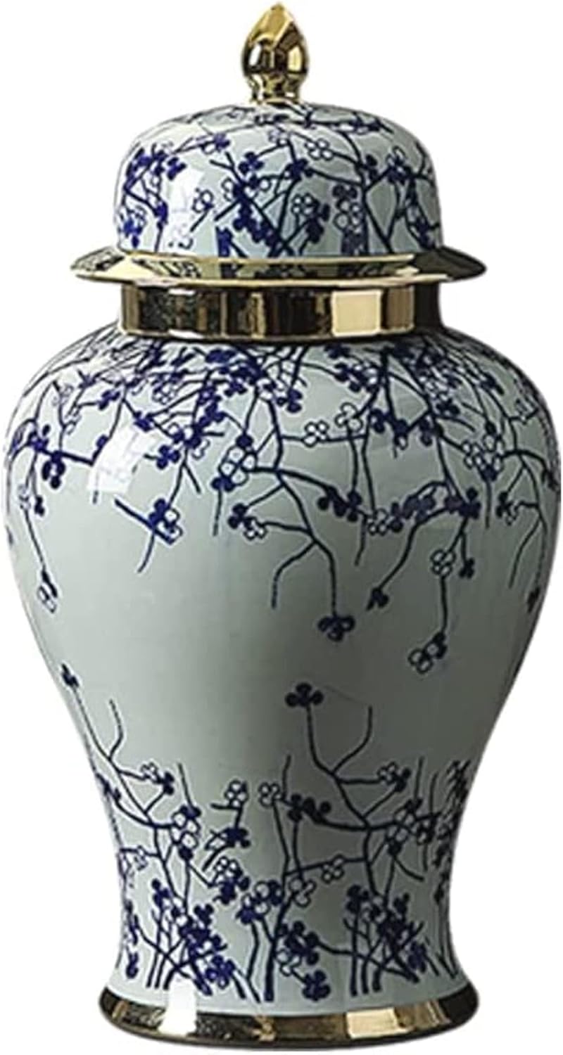 Classic Blue and White Ginger Jar, Ceramic Chinoiserie Decorative Jars for Home, Office, Flower Vase Pocelain (Size : 39cm x 18cm)