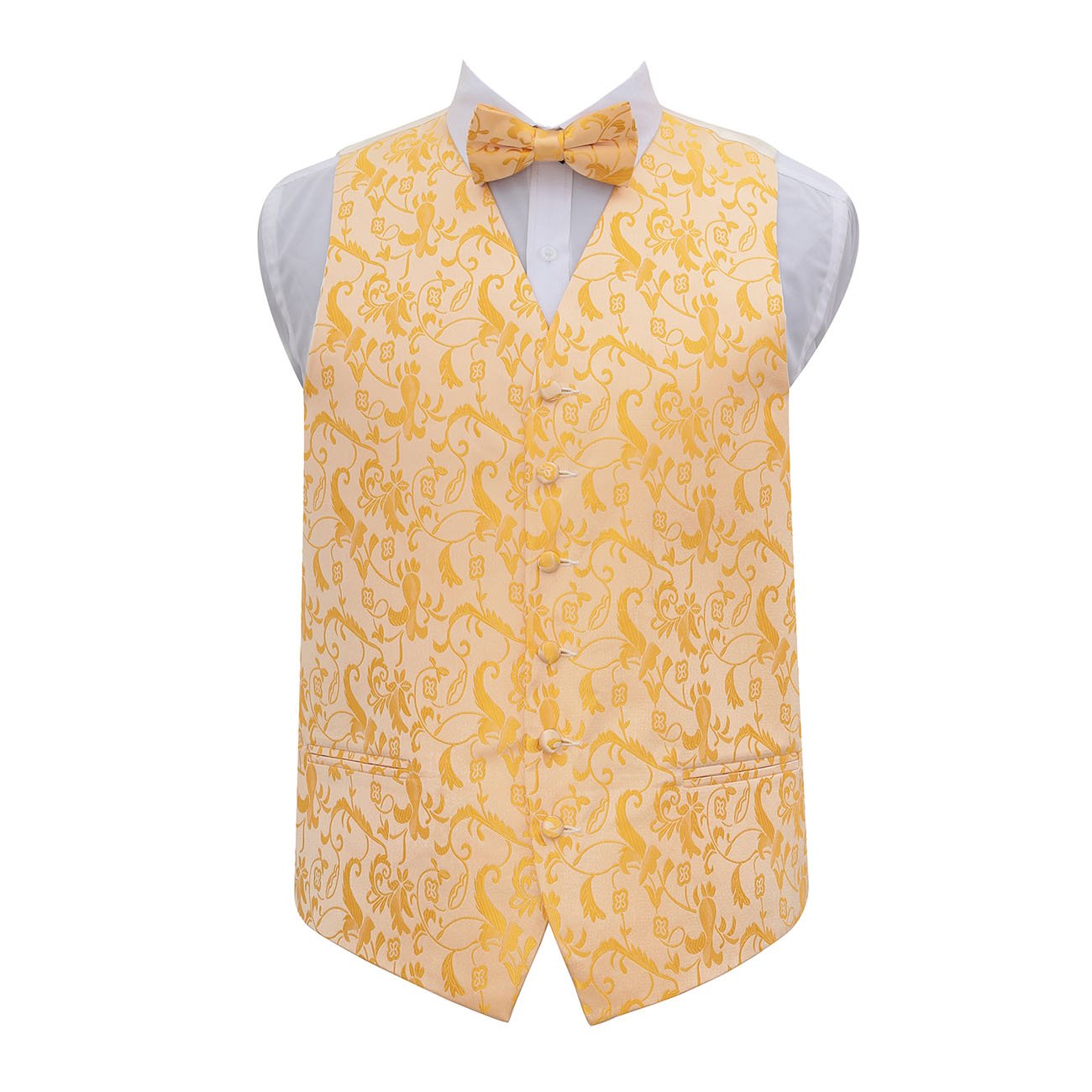 Dqt Men's Gold Floral Passion Jacquard Waistcoat & Pre-Tied Bow Tie Set (2Pc) - Wedding, Business & Formal - 38" M