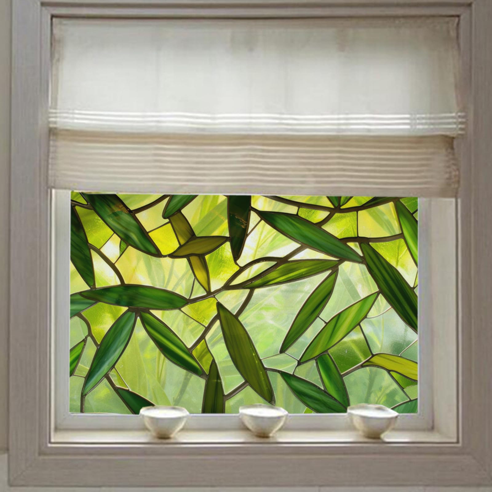 Window Film Privacy Grass Green Leaves Frosted Privacy Film for Glass Windows Removable Opaque Static Cling Self Adhesive Window Films Covering for Home Bathroom 40x120cm/1 Pcs