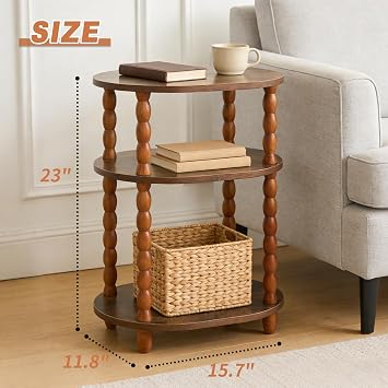 Wooden Side Table,3-Tier Small End Table with Storage Shelf, Vintage Retro furniture Bedside Coffee oval Table Night Stand for Living Room, Bedroom, Office and Small Spaces oak Black (Rustic Walnut)