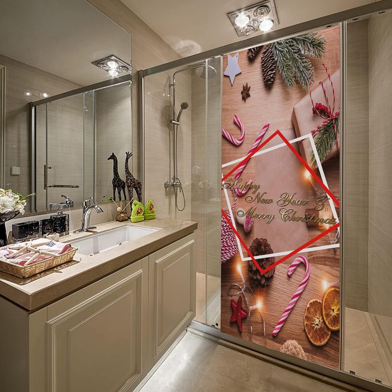 A.Monamour 3D Door Stickers for Interior Doors Candy Cane Fir Branches Wrapped Christmas Gift on Wooden Background Vinyl Waterproof Self Adhesive Door Mural Decals for Bedroom Office Bathroom