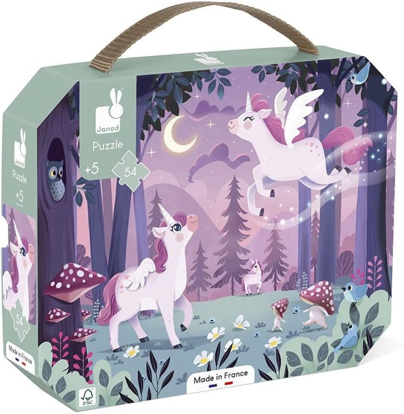 Janod Jigsaw Puzzle 54 Piece, Unicorn Theme, Learning Game, Fine Motor Skills and Concentration, FSC Certified Valisette Handle, Vegetable Print Colors, Ages 5+, J02555, Purple