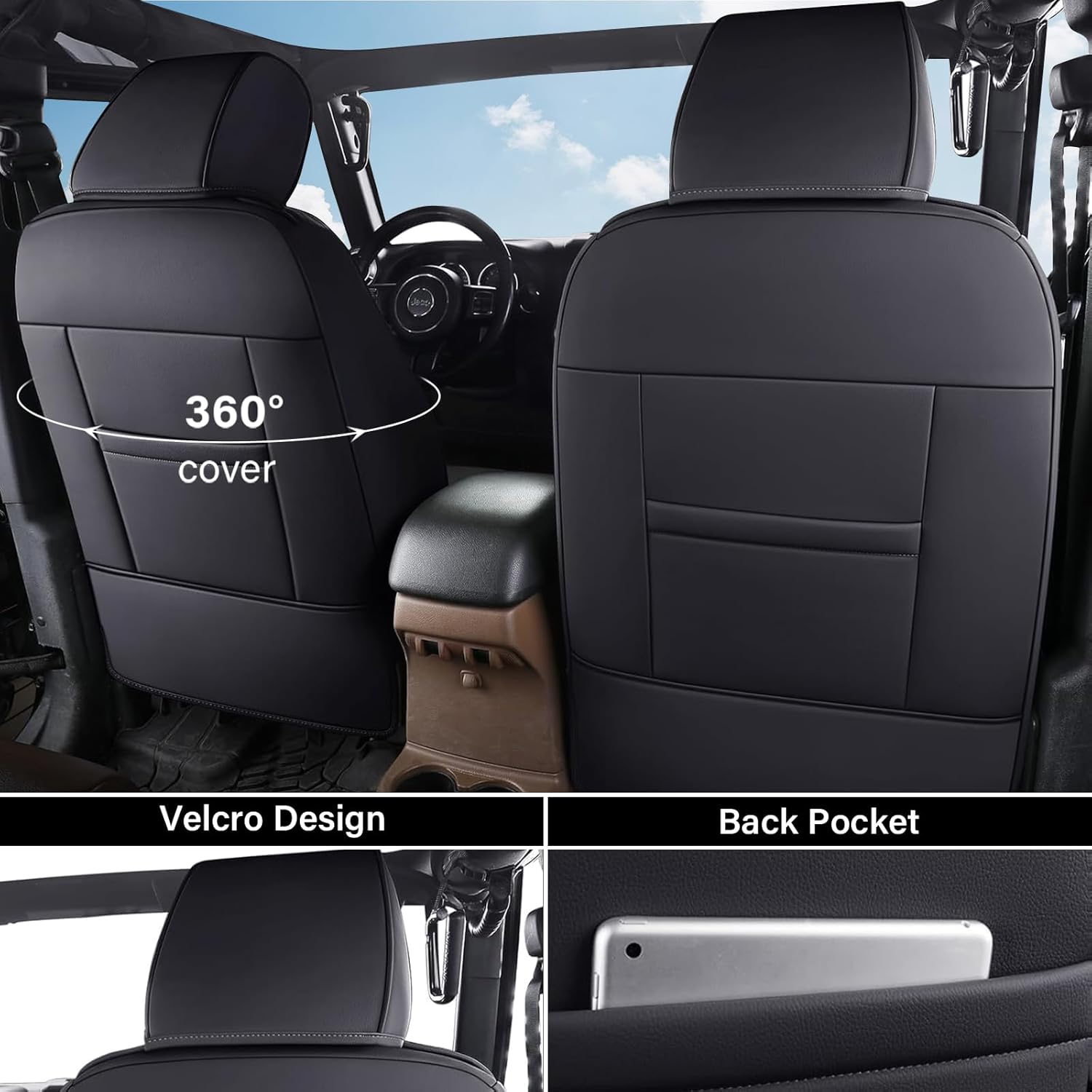 Coverado Seat Covers 4-Door Fullset for Jeep Wrangler, Waterproof Car Seat Covers for Truck Automotive Seat Covers Custom Fit for 2007-2017 Jeep Wrangler JK JL（Black）