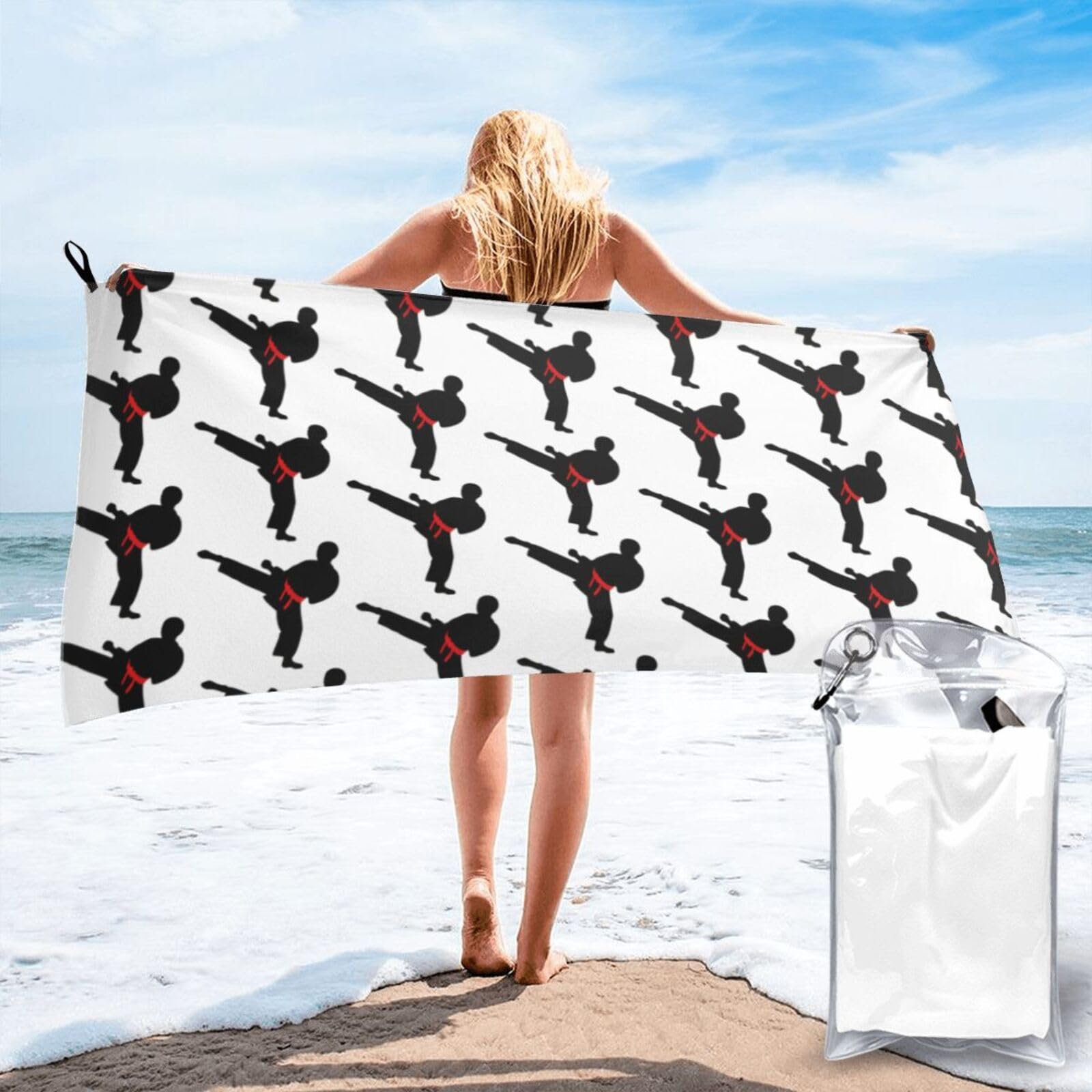 SDEGTHO Karate Boy Vector Changeable Belt Color Print Beach Towel Quick Dry Portable For Swimming Yoga Adults Fitness