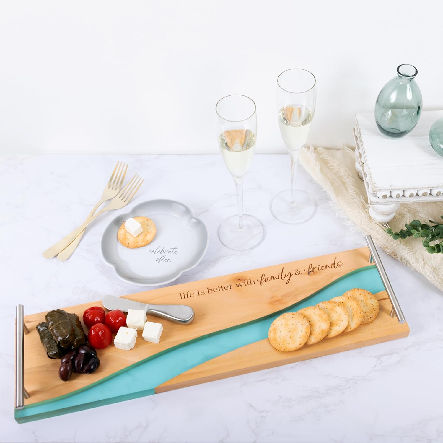 Pavilion Gift Company - Life Is Better With Friends & Family - 21"x6" Serving Cheese Bread Wooden & Resin Board With Silver Handles And Spreader Knife Set Housewarming Hostess Host Charcuterie Present