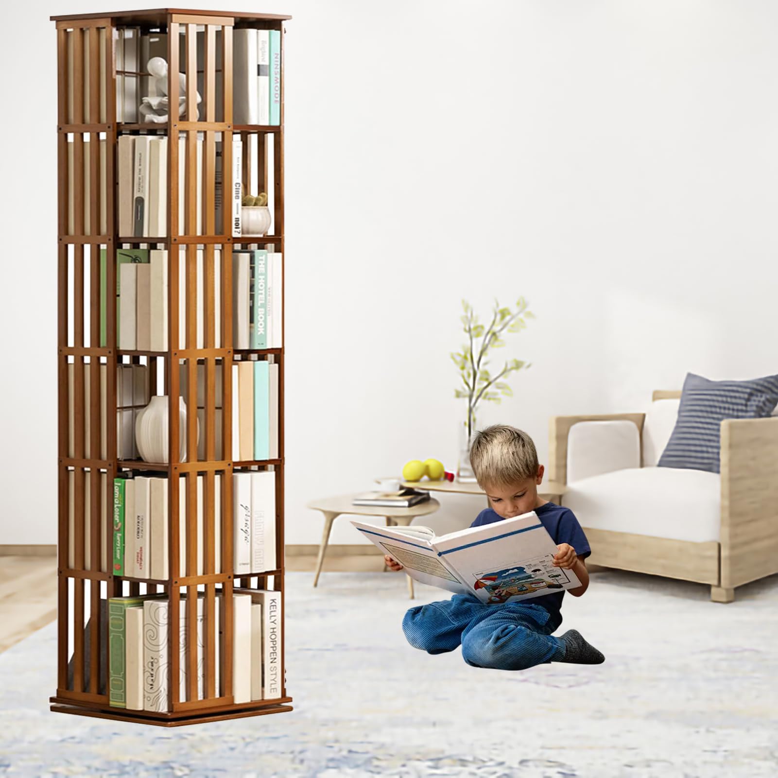 Libreria girevole in bambù a piani girevole a 360° con vetrina angolare, scaffale per libri e decorazioni, scaffale per bambini e adulti, libreria multifunzionale (6 strato)