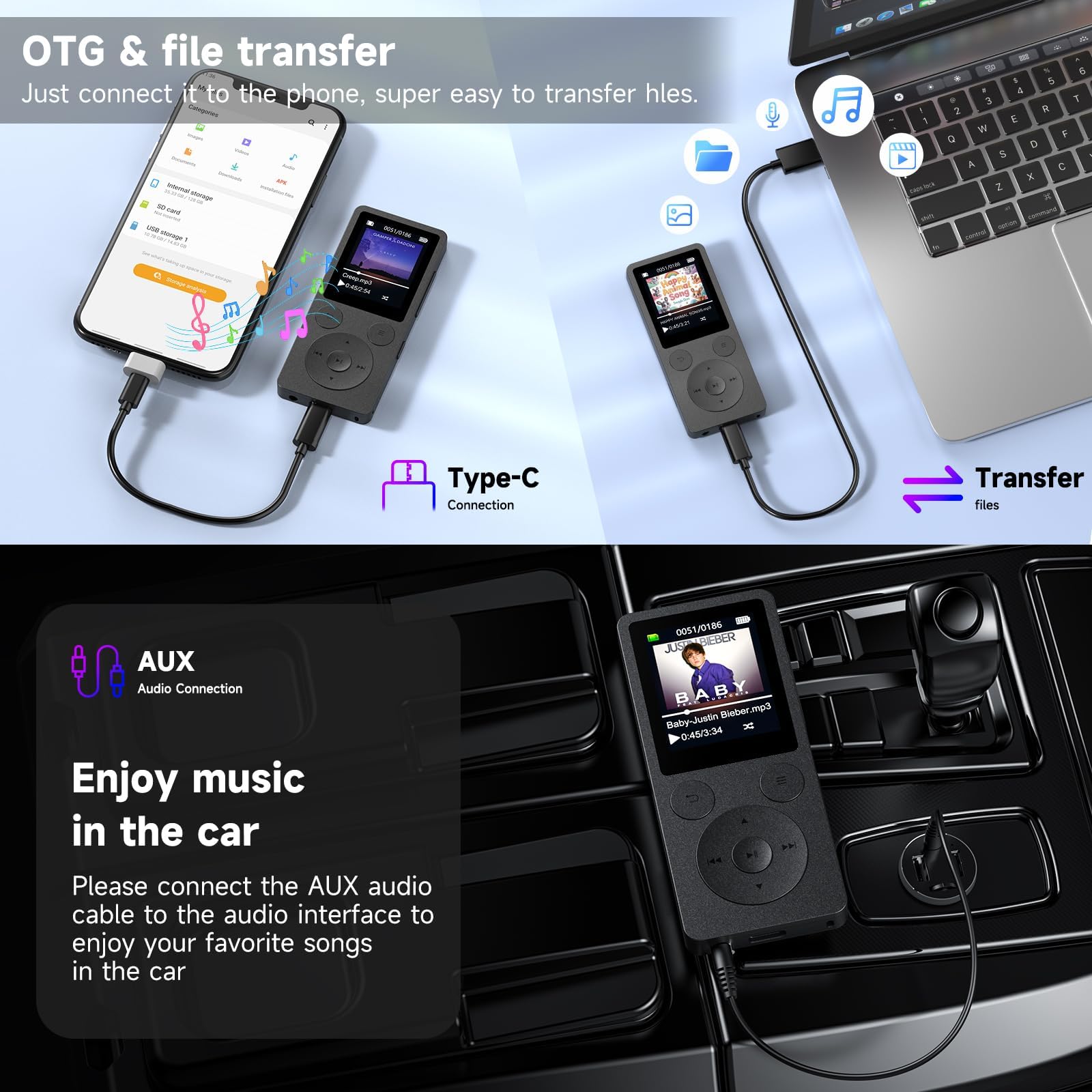 64Go Lecteur MP3 Bluetooth 5.3 – MP4 Haut-Parleur Intégré, Baladeur MP3 avec Touches Physiques (Retour/Menu/Volume), Léger 37g. Radio FM, Enregistreur Vocal, Design Mini, Son HiFi, Jusqu‘à 128Go