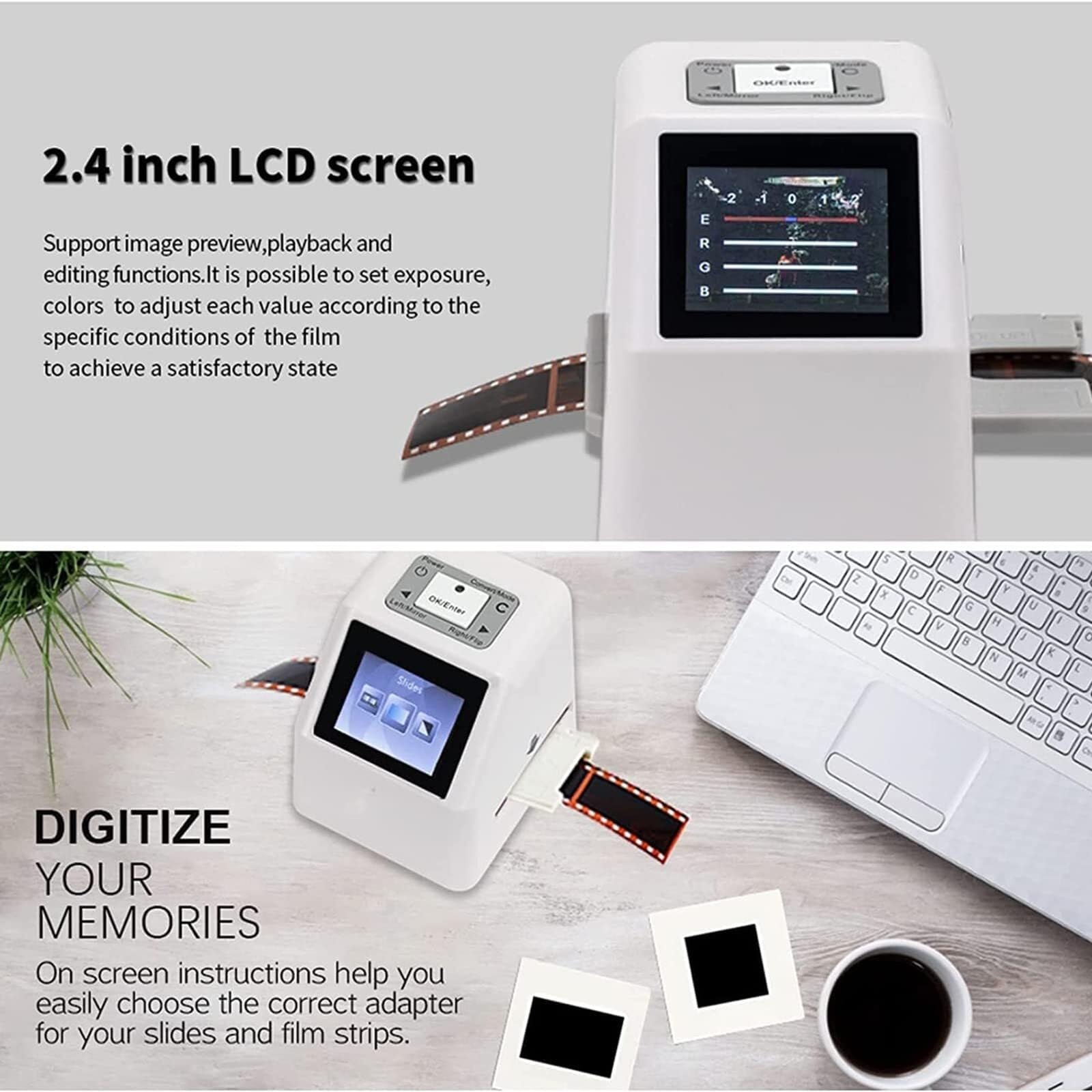 Film Slide Scanner, Digital Film Slide Scanner with 2.4 LCD Screen, All-in-one Device Scan, View, Edit, Convert and Save