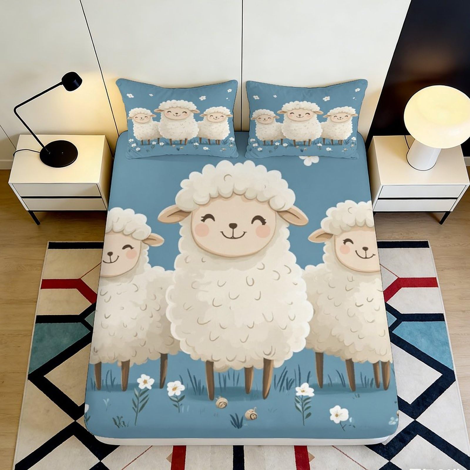 3D Printed Cute Sheep Fitted Sheet Microfiber Soft Breathable Cartoon Lamb Bed Cover for Bedroom Dormitory Guest Room Mattress Protection Decor 180x200x25cm