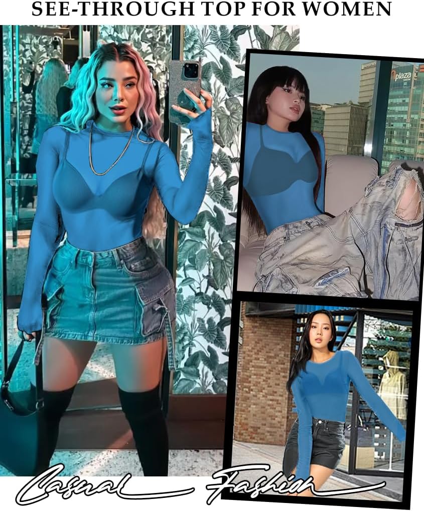 Women's Mesh Tops See Through Shirts Long Sleeve Bodycon Sheer Blouse Clubwear - Image 4