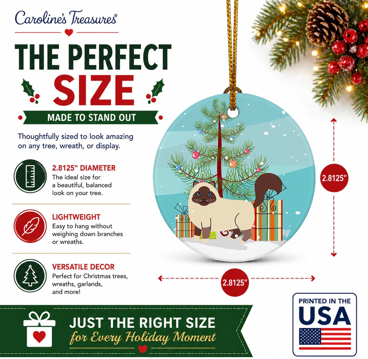 Caroline's Treasures Birman Cat Merry Christmas Tree Ceramic Ornament Christmas Tree Hanging Decorations for Home Christmas Holiday, Party, Gift, 3 in, Multicolor image 4