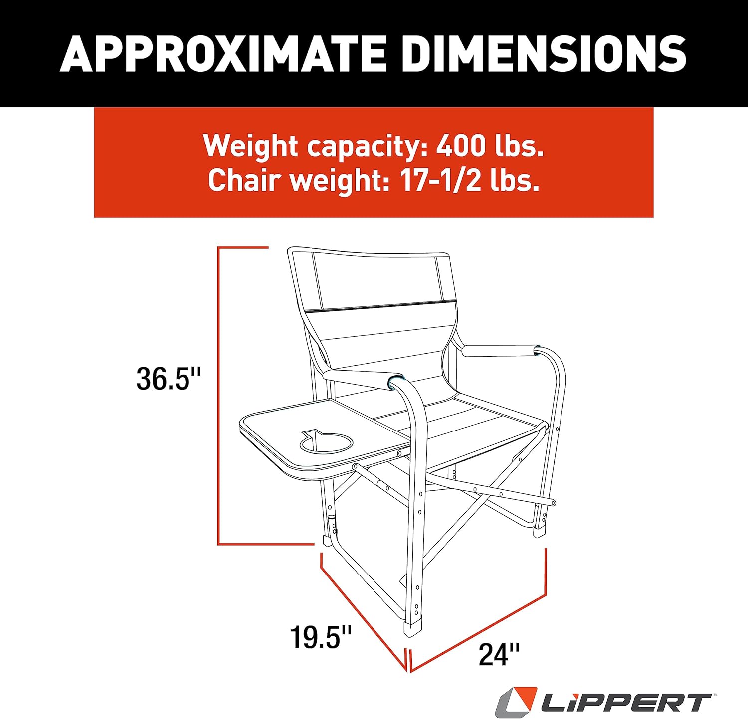 Lippert Components Scout Plus Director Chair with Side Table for Camping, Foldable, Steel Tube Frame, 600D Polyester, UV and Water Resistant PVC Coating, 400 lb. Weight Capacity, Sand - 2021123282