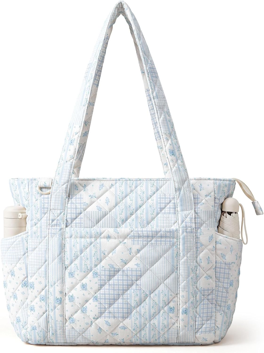 WOBAGMEN Quilted Tote Bag for Women, Floral Quilted Tote Bag with Zipper, Cute Shoulder Bag for Work, Travel, Gym