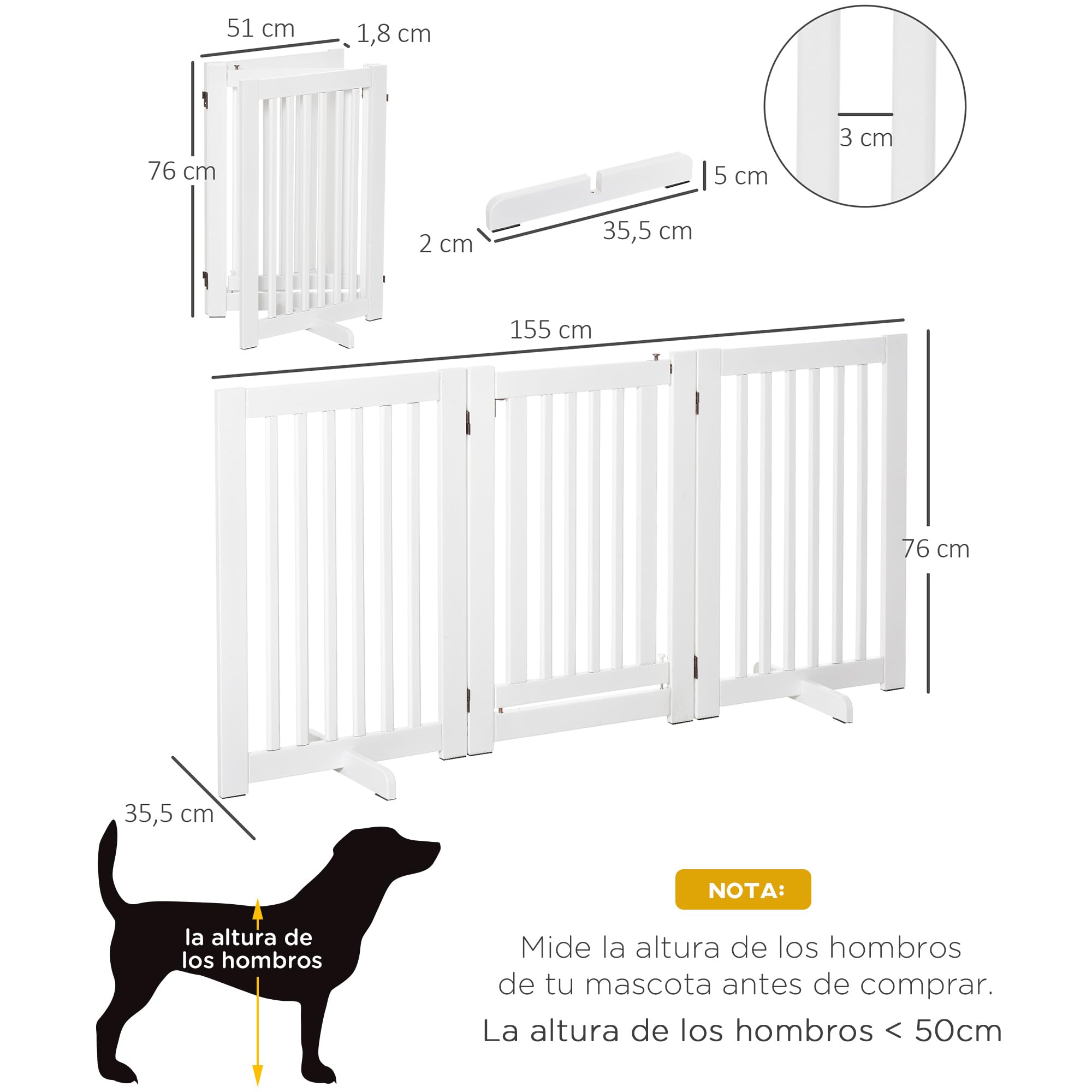 PawHut Barrera para Perros de Madera Valla para Mascotas 155x76 cm Blanco | Plegable, de 3 Paneles, con 1 Puerta, Patas de Apoyo, para Pasillo Escalera