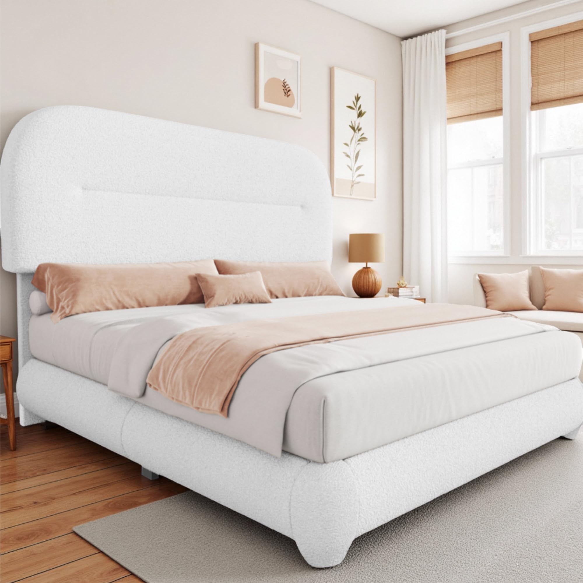 YITAHOME Queen Size Boucle Bed Frame, Upholstered Platform Bed Frame with Headboard, Modern Style, Soft Rounded Corners with Thickened Footboard, No
