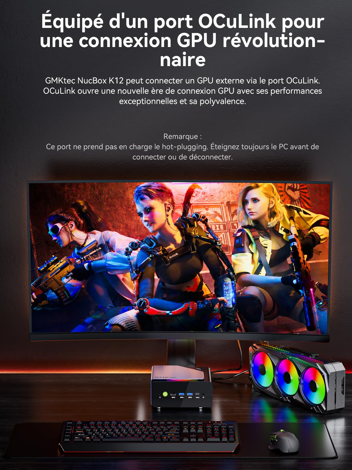 GMKtec K12 Gaming Mini PC Oculink AMD Ryzen 7 H 255 (Mis à Jour 8745HS) 32Go DDR5 RAM 512Go SSD, Ordinateur de Bureau Radeon 780M, 3X M.2 2280 Stockage, Dual NIC 2.5G, HDMI 2.1, USB4