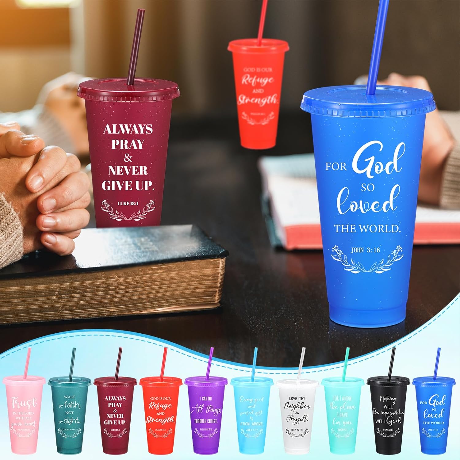 Skylety 60 Sets Valentine Christian Cups Bulk 24oz Bible Verse Plastic Tumbler with Lids Straws Religious Church Gift for Easter VBS Sunday School Party Employee Appreciation Mother (Stylish Color) - Image 7