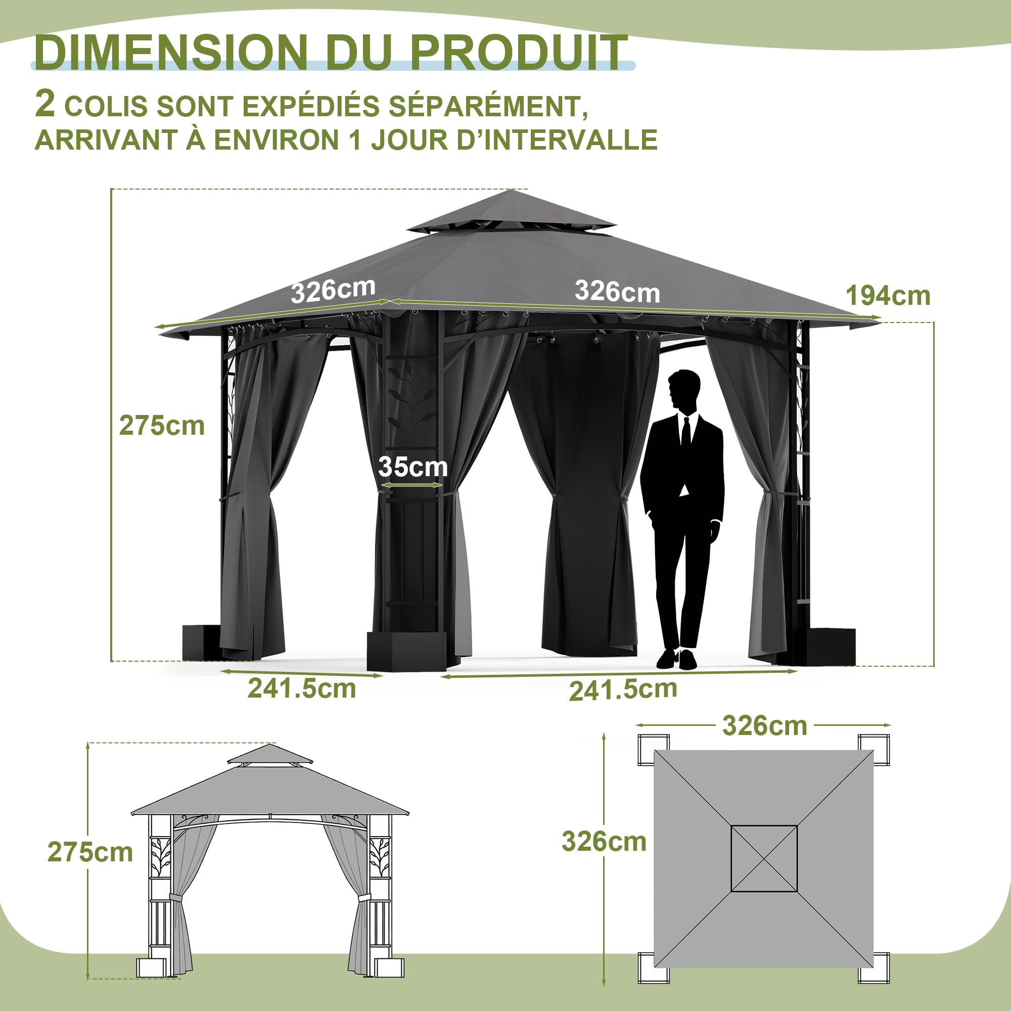 Devoko Tonnelle de Jardin Exterieur 3.3 x 3.3 m avec 4 Pots de Fleurs - Pavillon de Jardin Double Toit Aéré, Cadre Feuillage, Rideaux Détachables, Protection UV & Imperméable Idéale Pour Exterieur