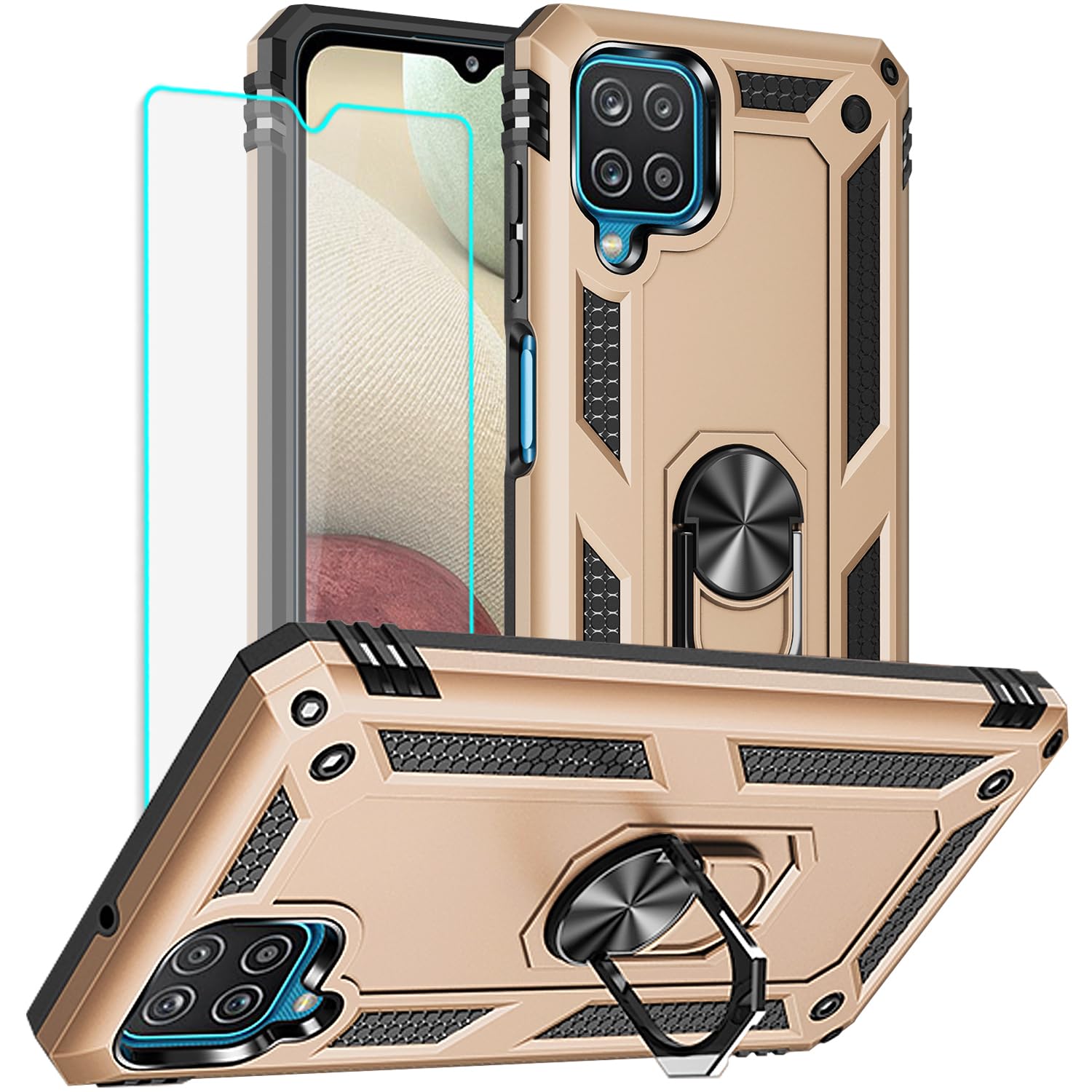 Yiakeng for Galaxy A12 Phone Case, Samsung A12 Phone Case with HD Screen Protector, Military Grade Protective Cases with Ring for Samsung Galaxy A12（