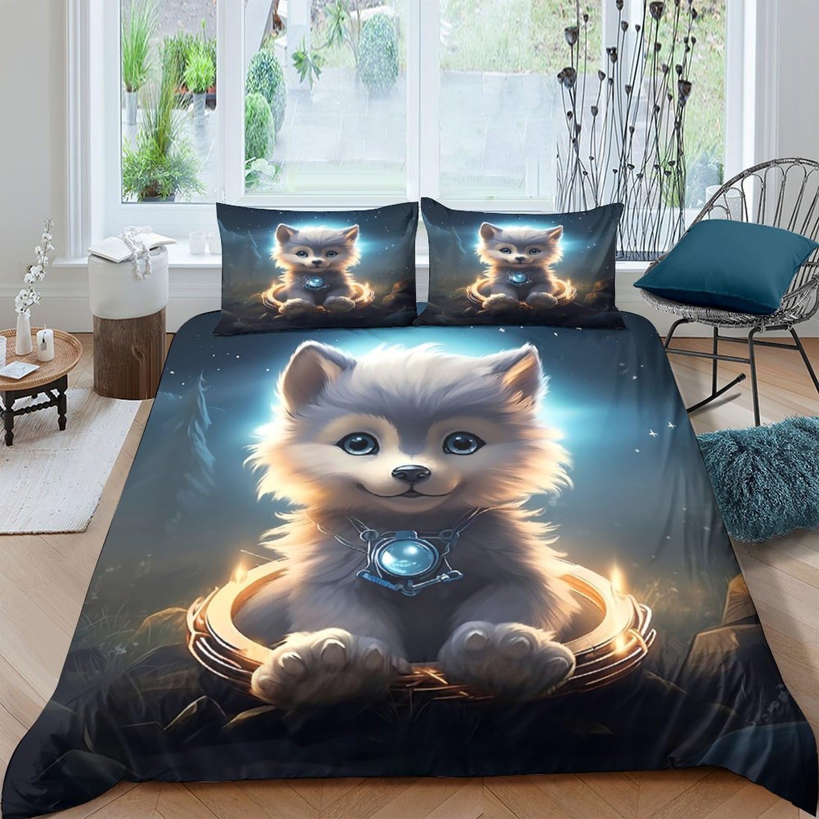GPLZQXKJNH 3D Printed Cute Wolf Duvet Cover Set Microfiber Soft Breathable Fantasy Animal Bedding with 2 Pillowcases for Bedroom Single（135x200cm）