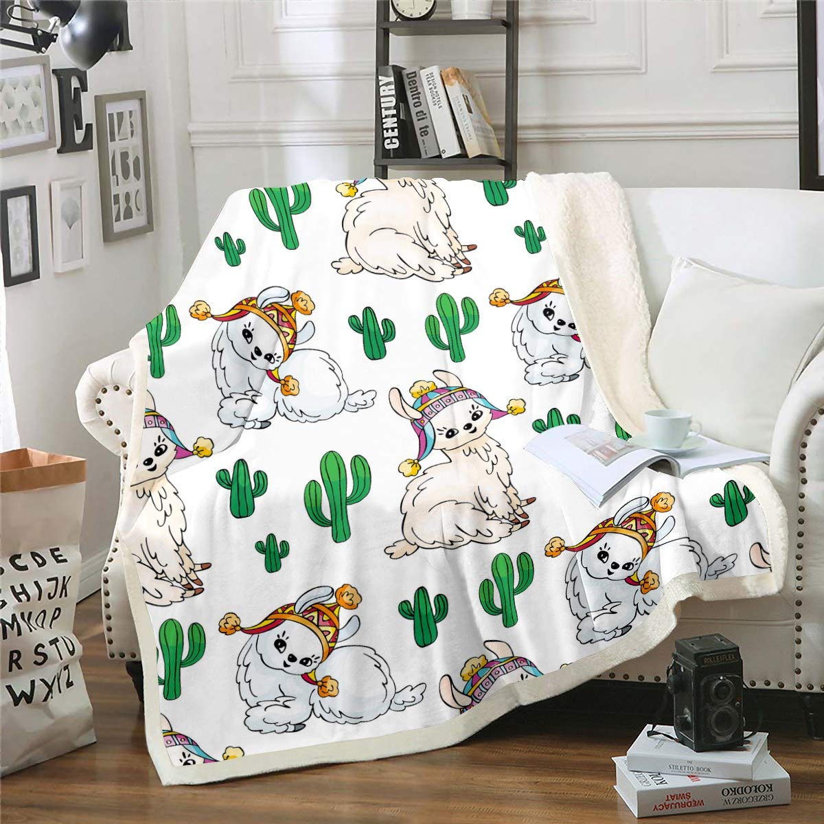 Loussiesd Cute Llama Cartoon Llama Alpaca Fleece Sherpa Blanket Cactus Printed for Chair Sofa Couch Room Decor Lovely Animal Theme King 87"*94" Blanket