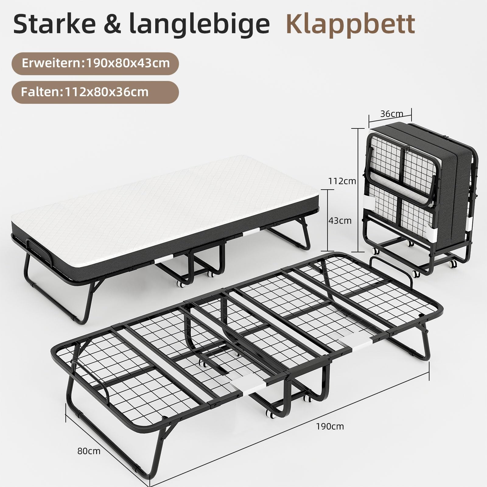 CAIYUN Lit Pliant 1 Personne 80 x 190 cm Lit Pliable Adulte avec Matelas en Mousse de 13 cm, Lit d'Appoint Pliable à 4 roulettes et Sommier à Lattes en Métal pour Invités, Charge 200 kg, Noir