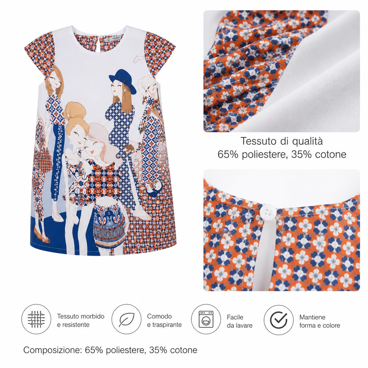 Generico Vestito Bambina Manica Corta 3-9 Anni