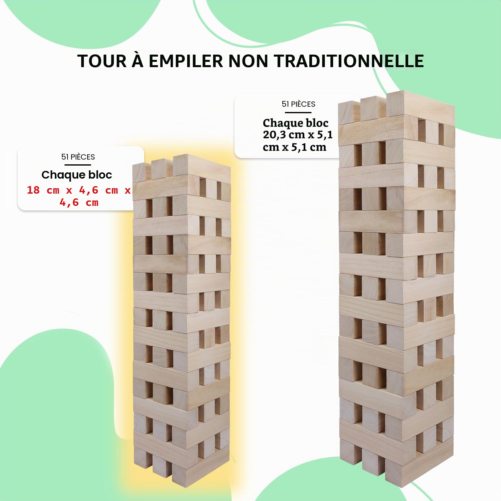 GOTHINK Jeux à Empiler en Bois - 51 Blocs Équilibrés, Empilable Jusqu'à 1.5m de Hauteur, Jeu de Société pour Enfants et Adultes, Idéal pour Fêtes et Soirées