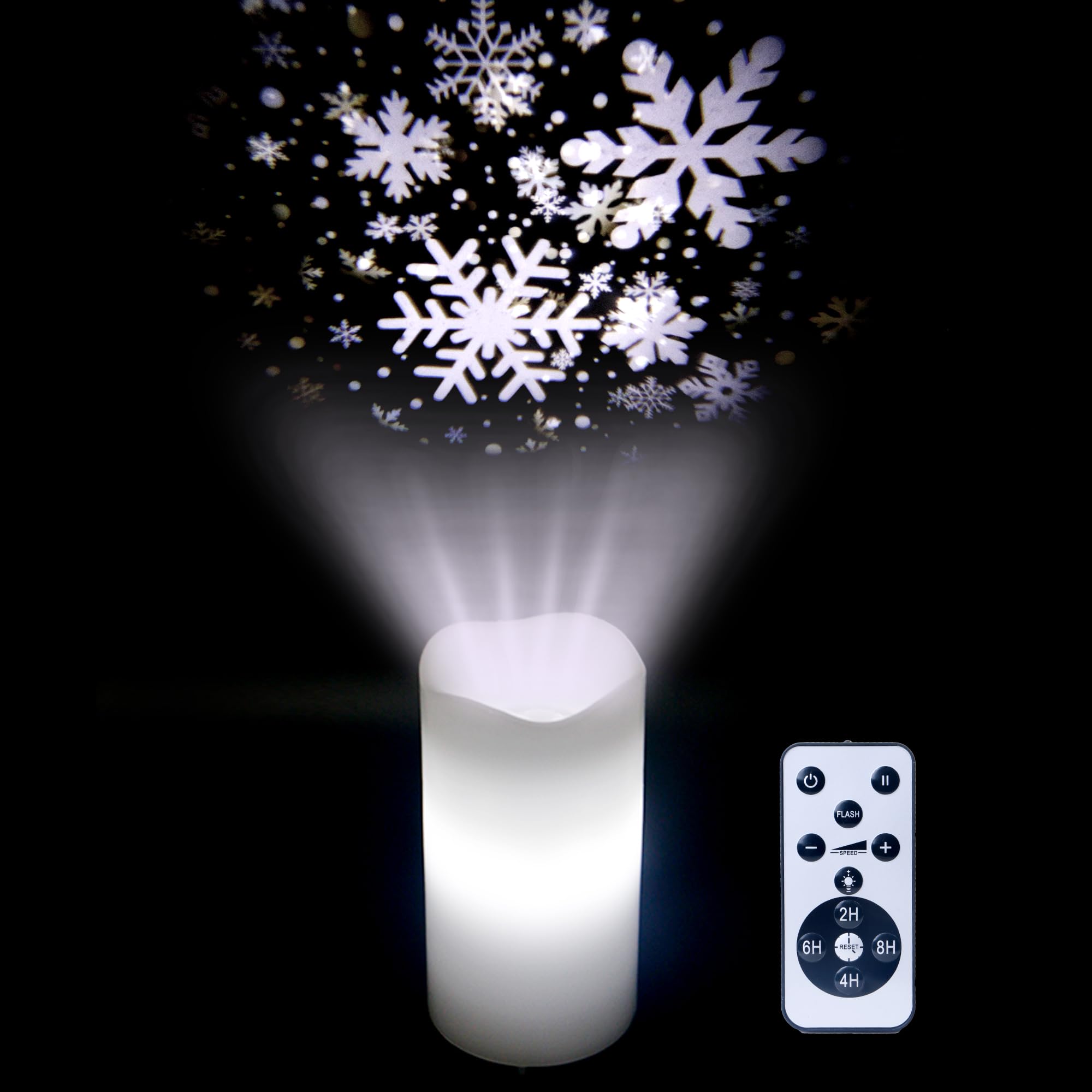 Christmas Decorations Flameless Candles with Snowflake Projector Lights Battery Operated LED Candle Indoor Xmas Light Projection with Remote and Timer