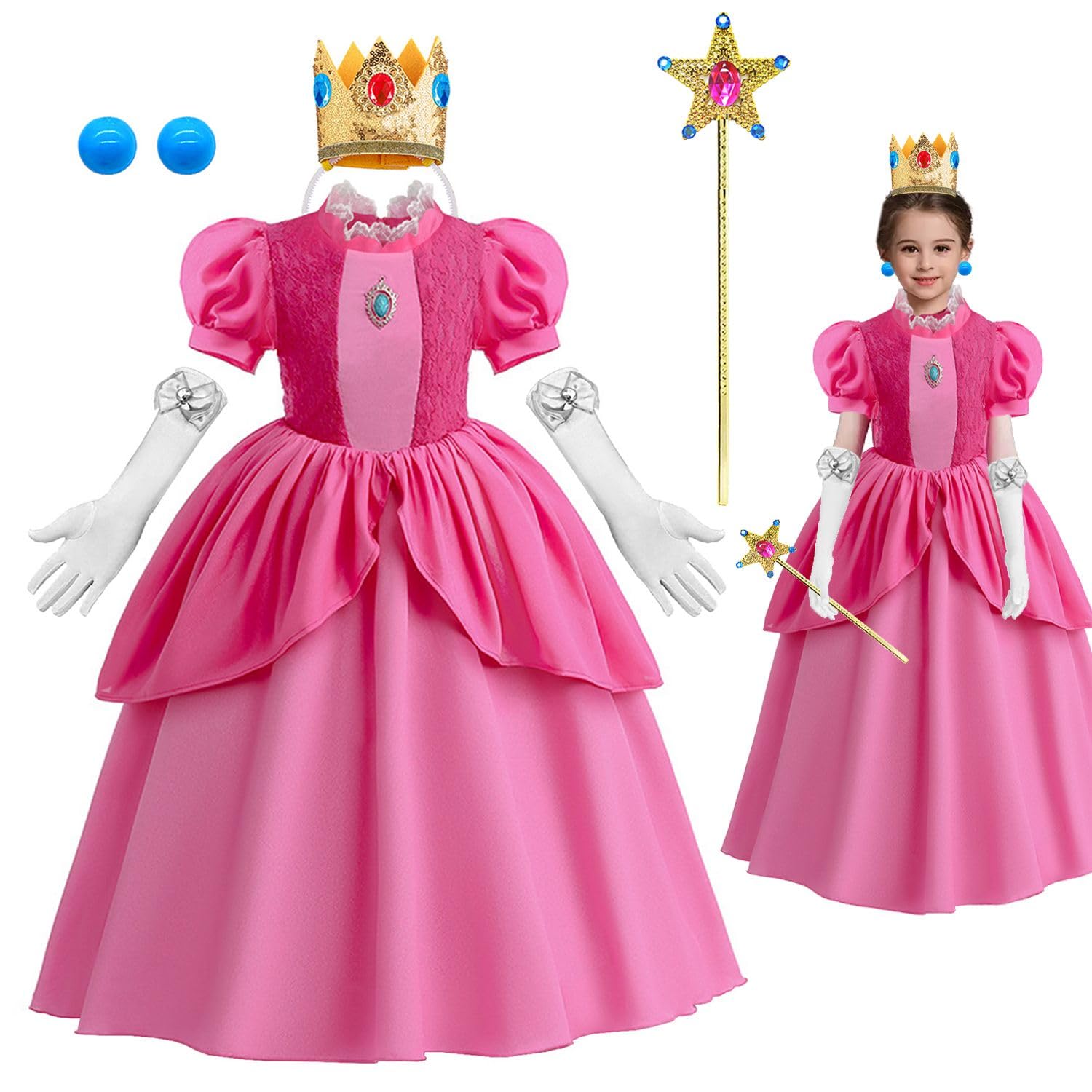 Home SmartPrince Peach Costume Dress for Girls Halloween Cosplay Outfit Crown Earrings Set Ideal Gift for Birthday