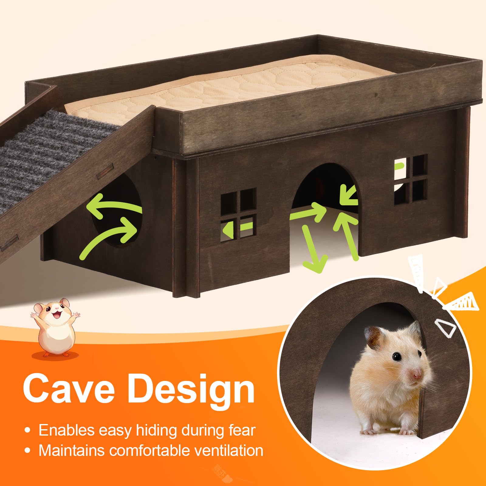Großes Meerschweinchenversteck aus Holz mit Treppe, Hamsterhaus, Versteck für Kleintiere, Haustiere, geeignet für Chinchilla, Hamster und kleine Kaninchen, Hamsterhütte, Meerschweinchenversteck