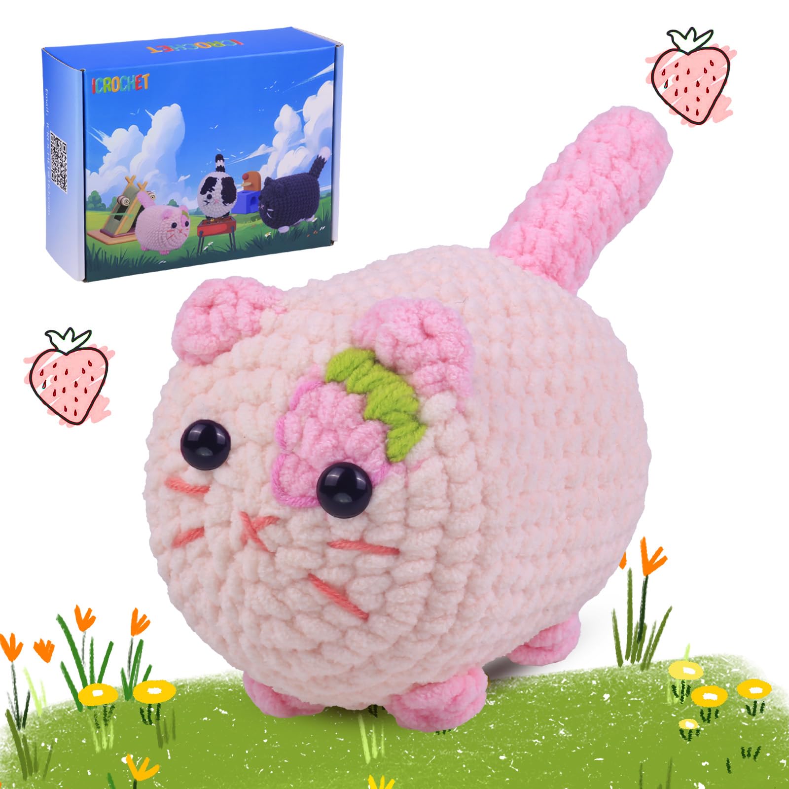 Crochet Kit for Beginners, Crochet Kit with Step-by-Step Video Tutorials, Beginner Crochet Kit for Adults, Crochet Animal Kit for Kids(Pink cat)