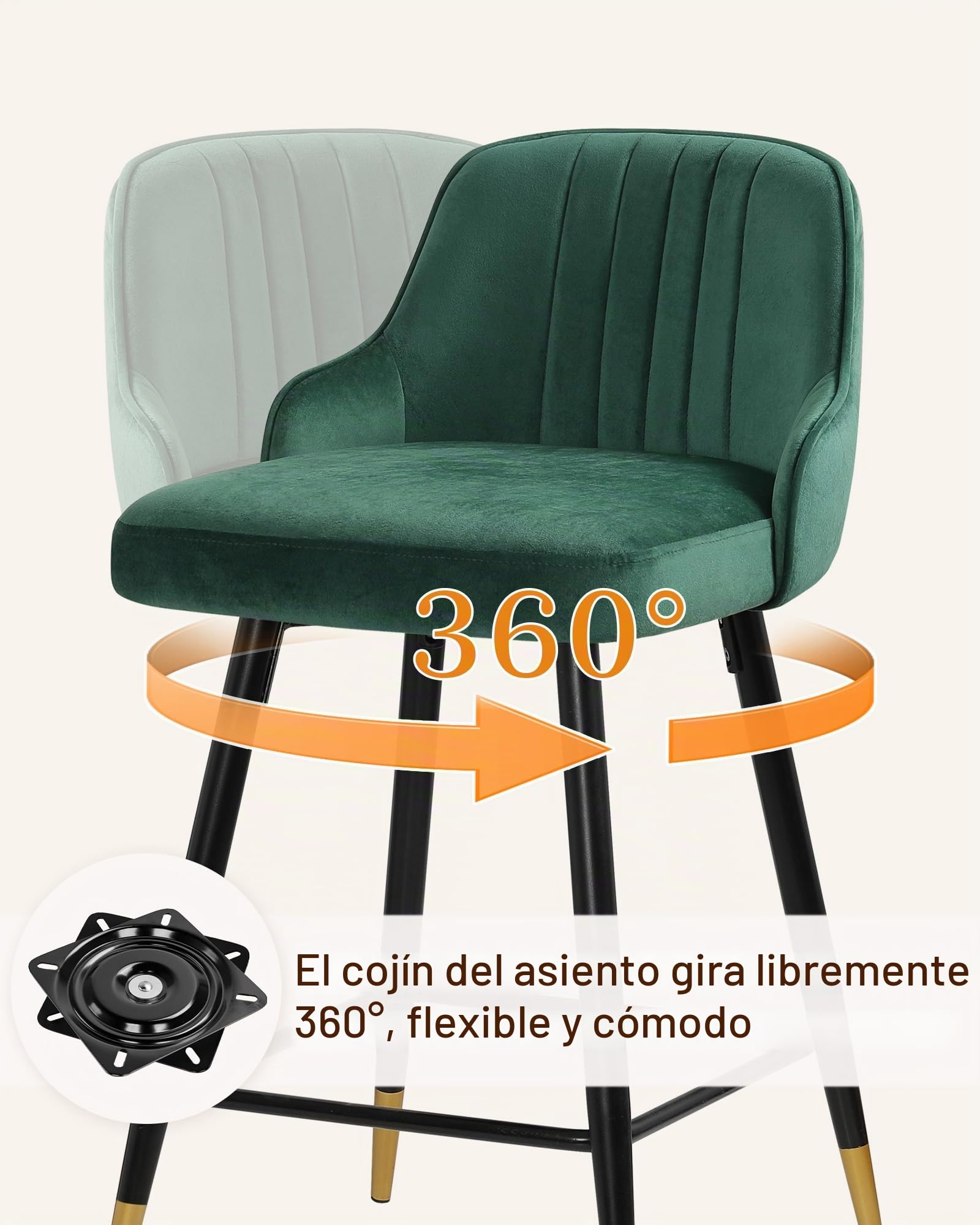 Bekrvio Juego de 2 taburetes de bar de terciopelo, Silla giratoria de 360°, Altura ajustable a 65 cm, Silla de bar tapizada con respaldo, Taburete de cocina moderno para cocina, mostrador, bar