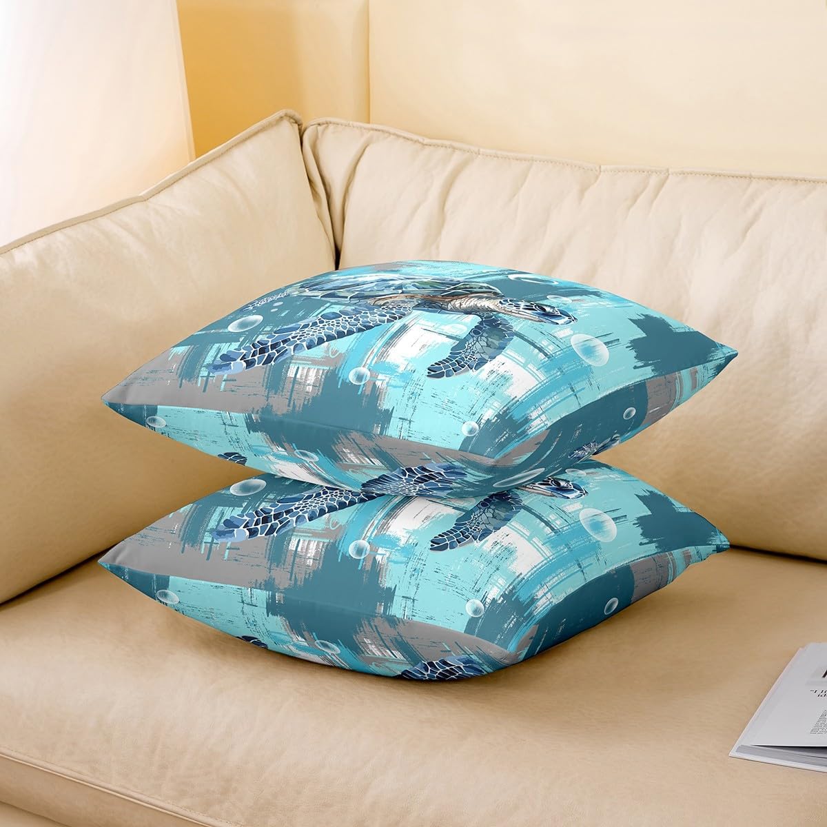 Feelyou Sea Turtle Throw Pillow Cover 22"x22"Set of 2 Soft Vintage Abstract Pillow Cases Cushion Cover Blue Messy Rust Decorative Throw Pillow Cases for Sofa Ocean Reptile Tortoise Cushion Cases