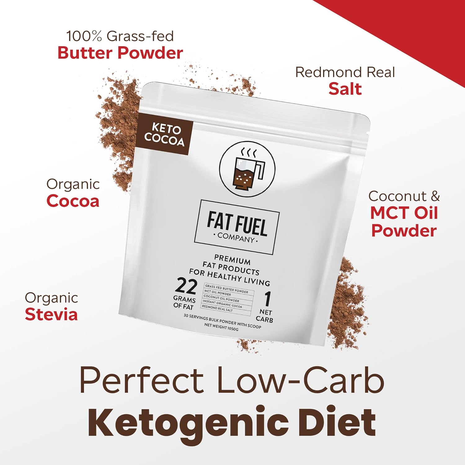 Fat Fuel Keto Cocoa 22g Premium Fats - with Grass Fed Butter, MCT Oil, Coconut & Redmond Real Salt - Instant Organic Cocoa, One Net Carb, A True Meal Replacement - 30 Bulk Powder Servings