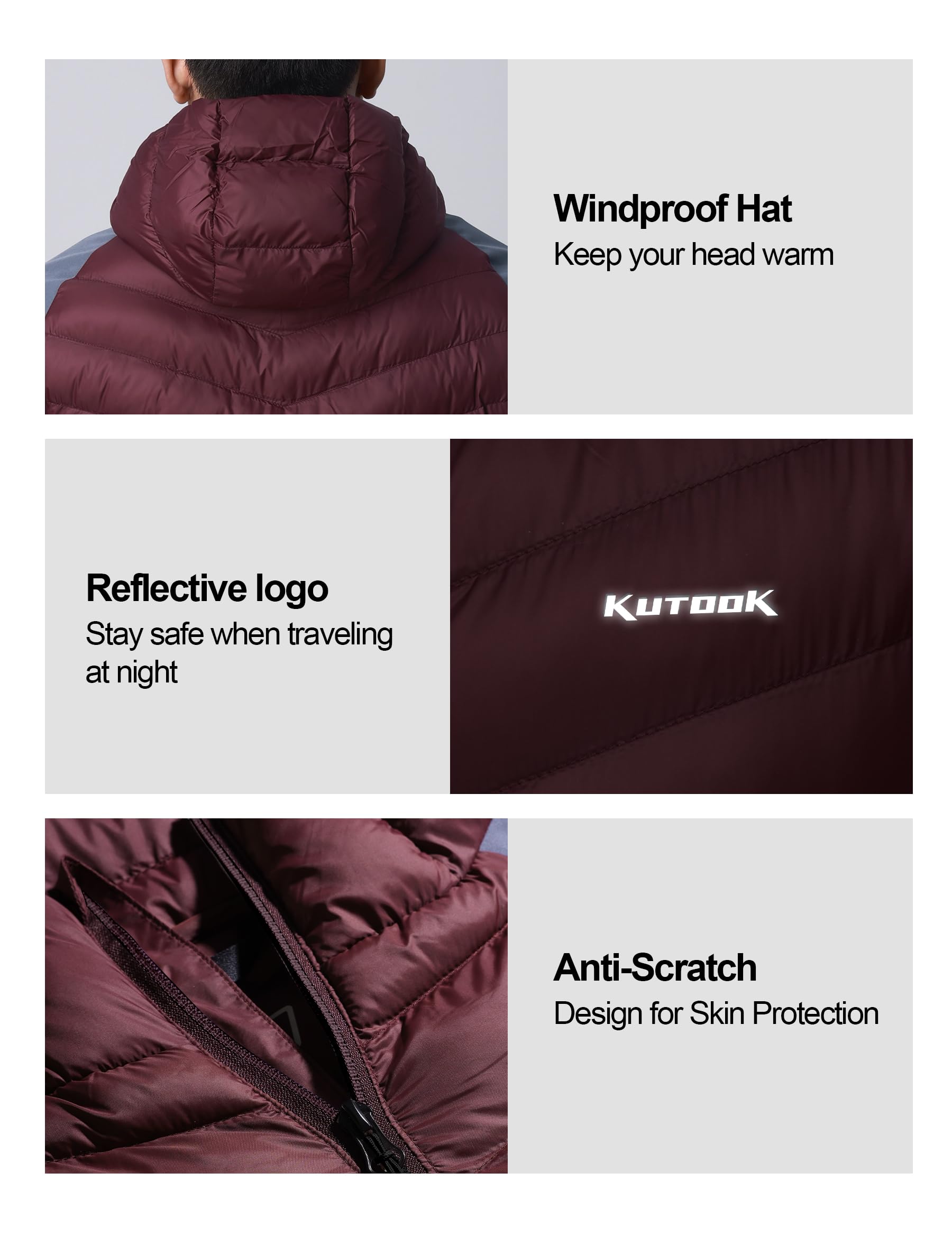 KUTOOK Chaqueta con capucha de plumón para hombre Apto para 5 ℃-15 ℃ con capucha Ropa de esquí Ligera Térmica Cortavientos Trekking Senderismo Esquí HJ5201
