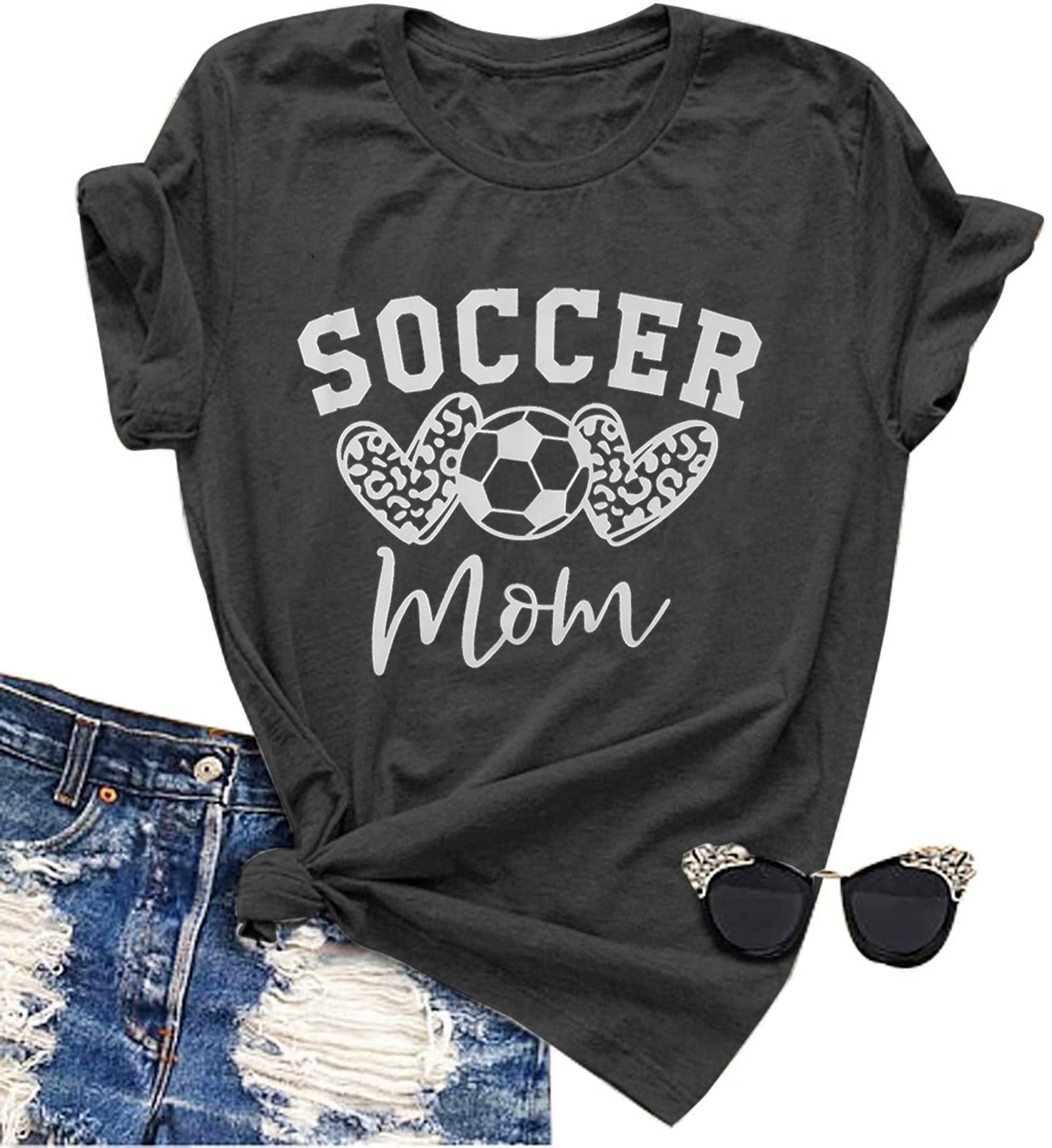 VILOVESoccer Mom Shirt Women Funny Ball Mom T-Shirt Cute Letter Printed Graphic Tee Causal Short Sleeve Tops