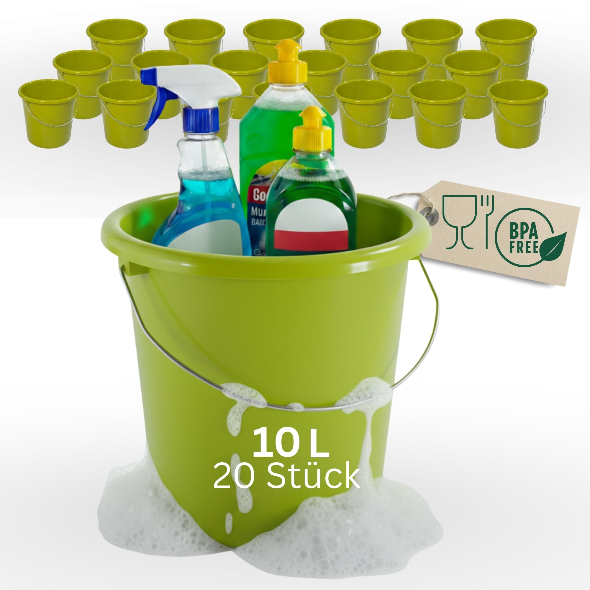 Novaliv 20 sztuk wiaderek 10 l, zielone, z podziałką na miarę, 10 l, 28,5 cm, praktyczne, uniwersalne ze skalą, do gospodarstwa domowego i ogrodu, idealne jako wiadro domowe, wiadro na wodę, wiadro do
