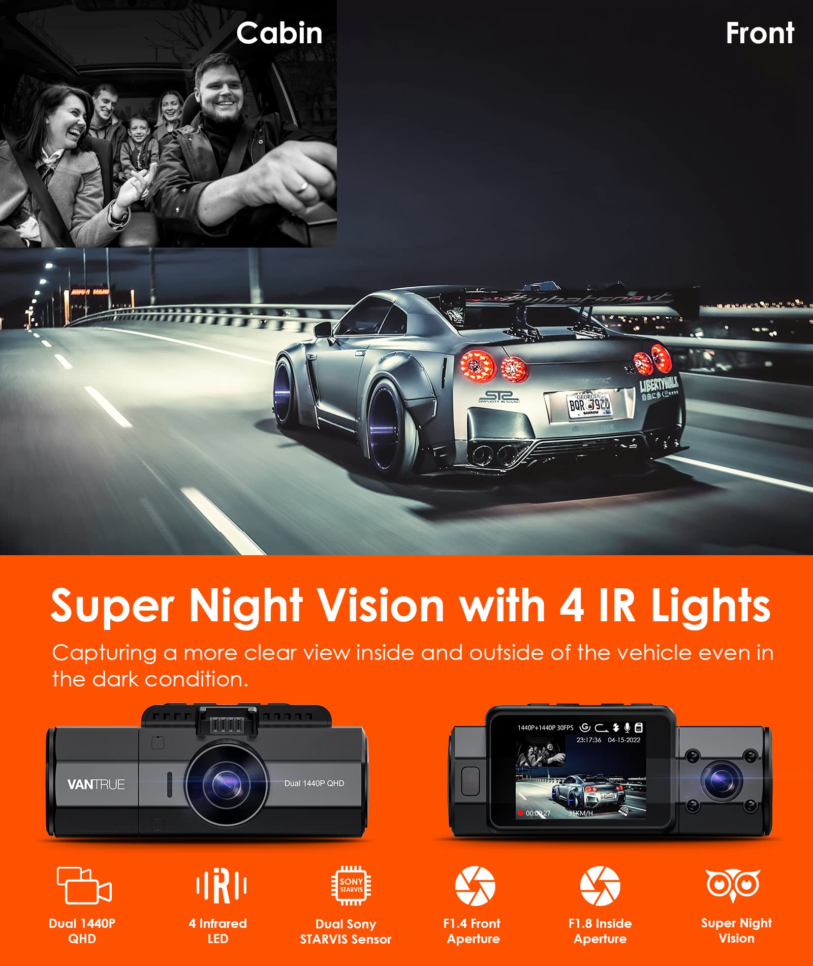 Vantrue N2S 4K Dash Cam for Uber, Dual 1440P Front and Inside Dash