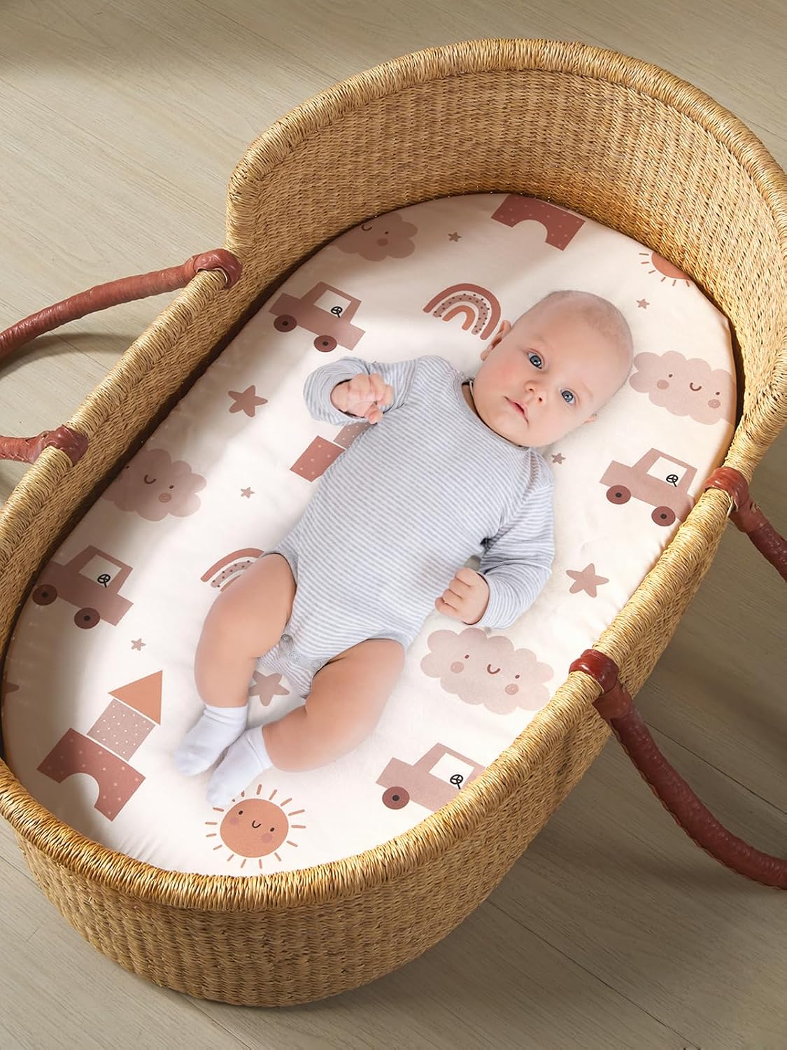  Baby Bassinet Sheets for Girls Boys 2 Pack Baby Sheets for Square Rectangle Oval Bassinet Mattress 33X16 Inch, Block car thumbnail