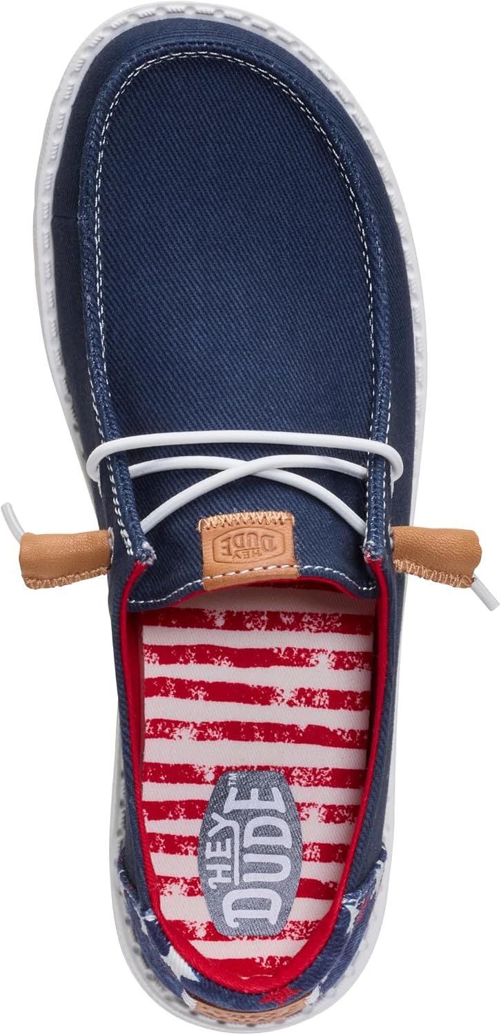 HEYDUDE Women's Wendy Americana Stars Slip On Shoe | Patriotic Lightweight Travel Loafer with Elastic Laces