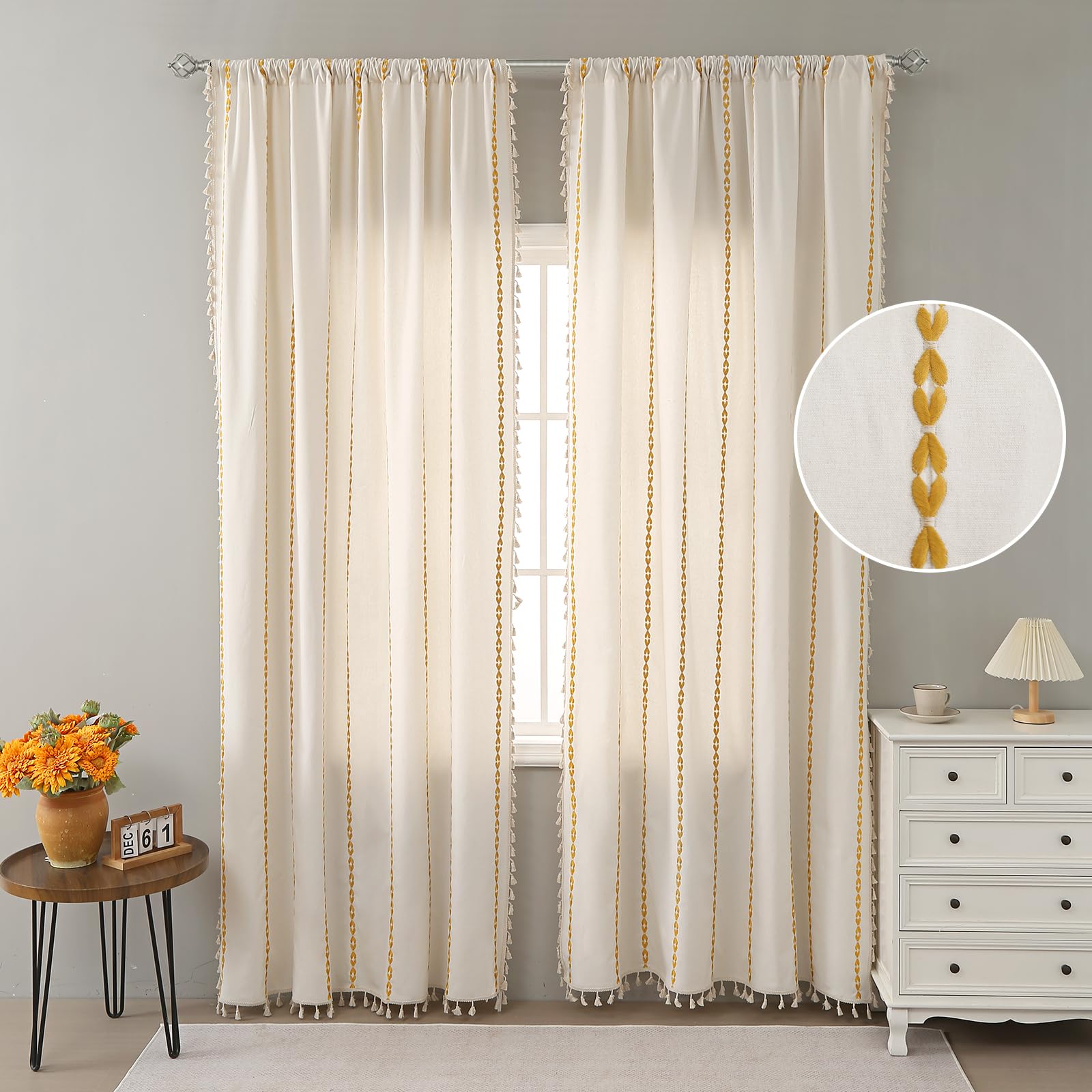 Roxooze Boho Curtains for Living Room 2 Panels Set, Yellow and White Embroidery Striped Tassels Curtains 84 Inches Long, Linen Light Filtering Farmhouse Window Treatments Curtains for Bedroom