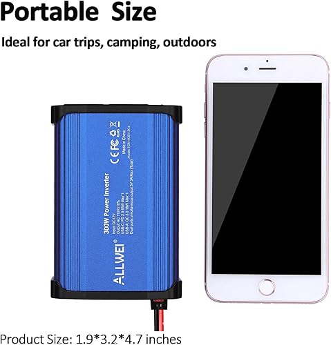 Miniatura 7 de ALLWEI Inversor de corriente de automóvil de 300 W CC 12 V a 110 V CA inversores de corriente para vehículos, convertidor USB-C PD65W18 W USB