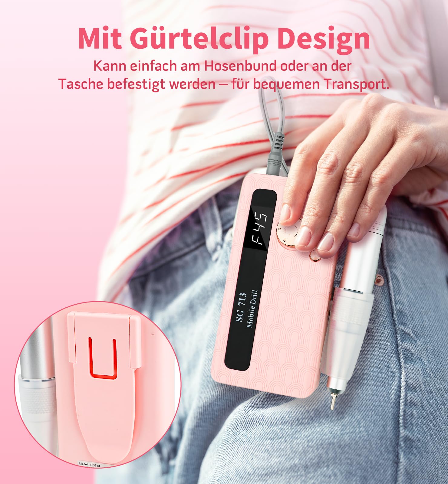 Ziweo Nagelfräser, Elektrische Nagelfeile 45000U/Min mit LED Display, Tragbare Nagelfräser für Gelnägel Wiederaufladbare Maniküre Set für Nagelhaut Shellac Acrylgel