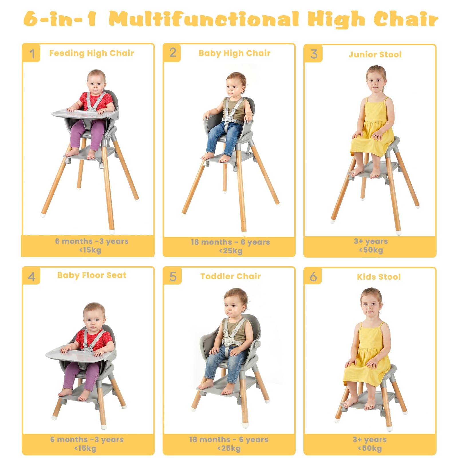 UBRAVOO Trona para bebé, 2 en 1 Tronas bebés con Reposapiés, Bandeja Doble Desmontable, Fácil de Limpiar, Trona de bebé para Niños y Niñas más de 6 Meses, HA-019, Gris