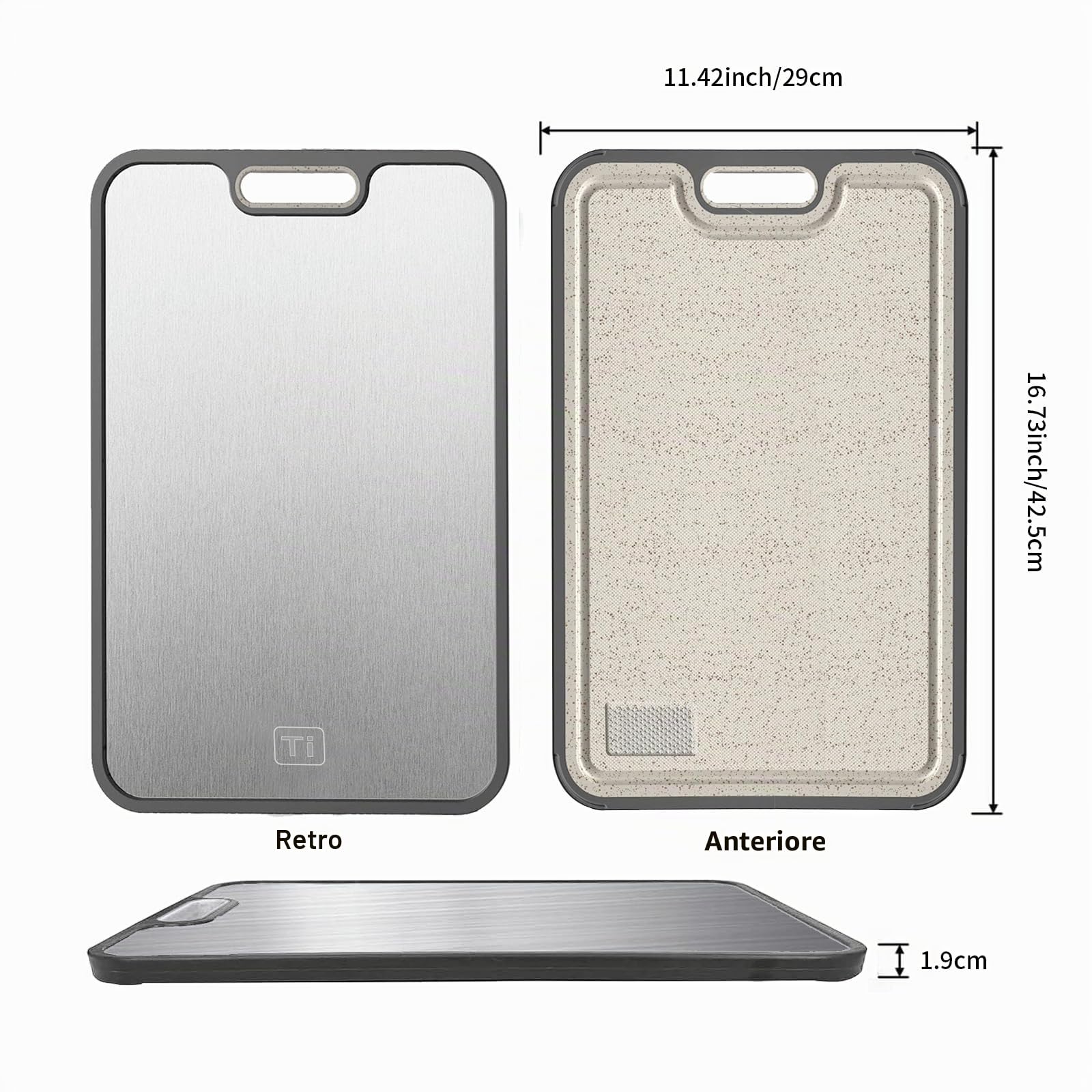 FOLAI Tagliere in titanio, 1 pezzo, double face, con scanalature e manici antiscivolo, tagliere professionale, lavabile in lavastoviglie, dimensioni 38,5 x 26,5 cm