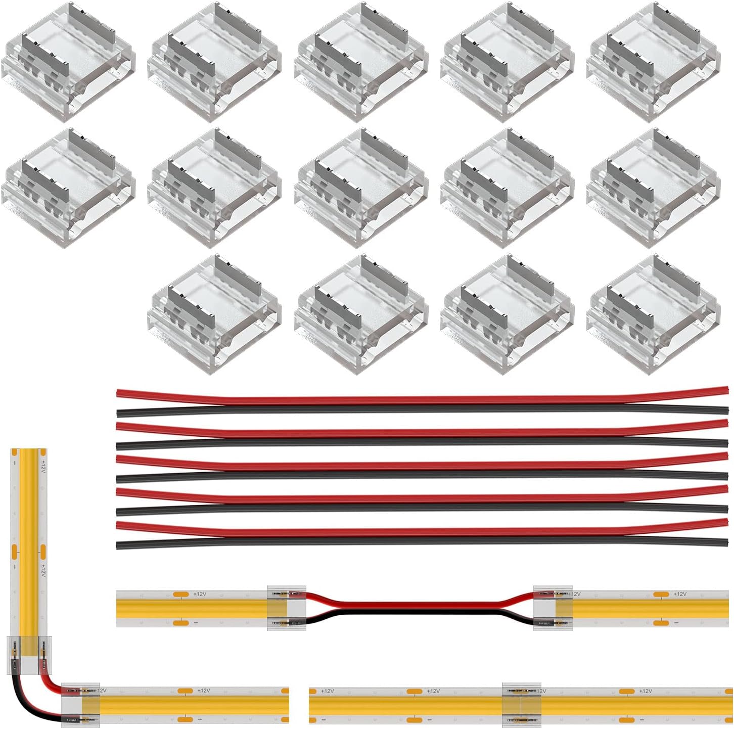 FCOB COB 10mm 0.39in Connector Kit 14pcs Transparent Connector 5pcs 15cm Long 20AWG Extension Wires for Non-Wired Gapless Solderless,FCOB 2 pin v+ v- Single Color Strip Corner Connection